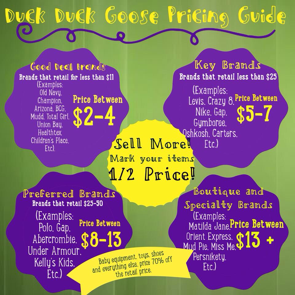 Duck Duck Goose pricing guide showing suggested price ranges by brand